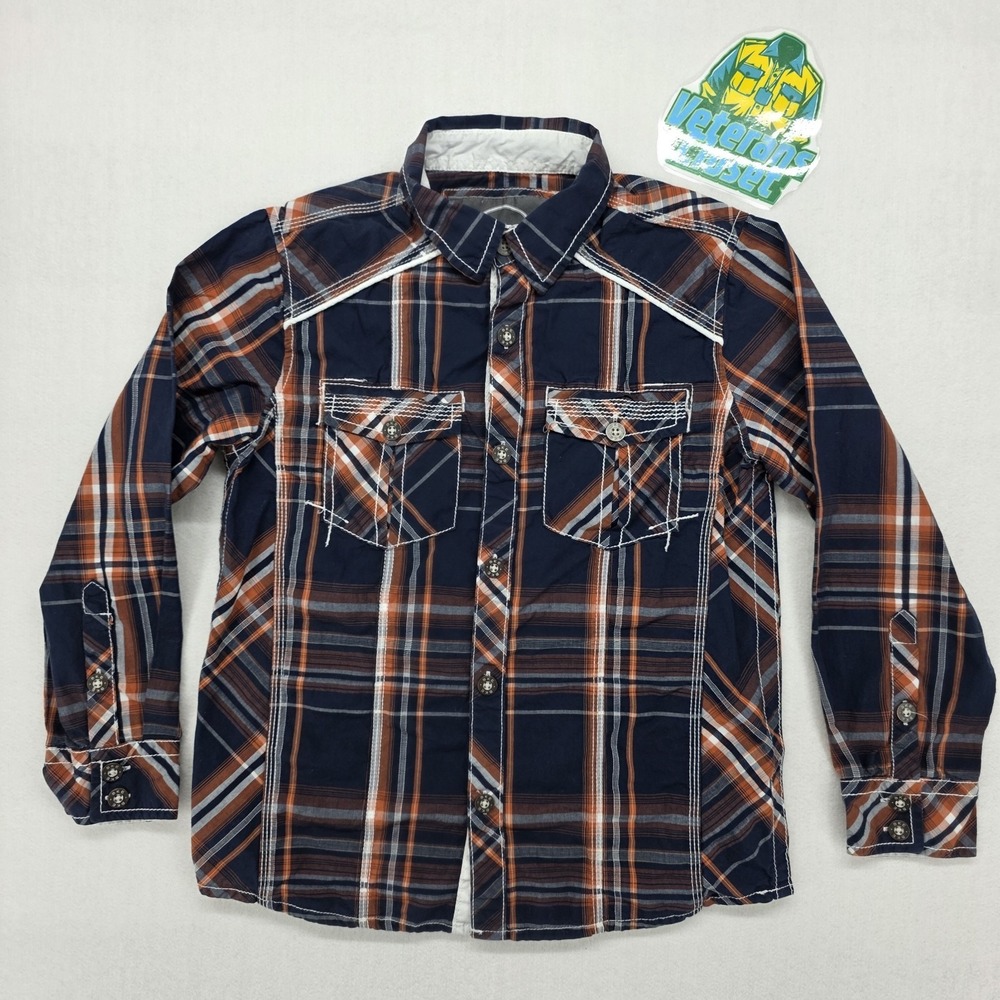 BKE Boys Blue Orange Plaid Flannel Shirt Youth Small Athletic Fit Western Y11309